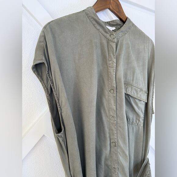 Caslon Cap Sleeve Button Front Tie Waist Utility Midi Dress Olive Green Size 3X - Picture 3 of 11